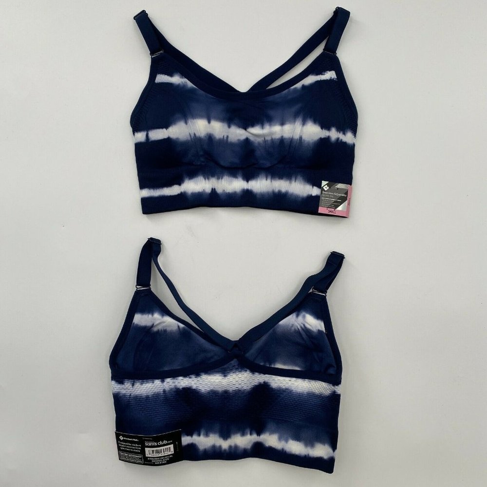 Members Mark Women's Seamless Sports Bra Racerback Removable Cups Blue Tie Dye S